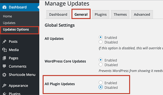 Tắt thông báo update plugin