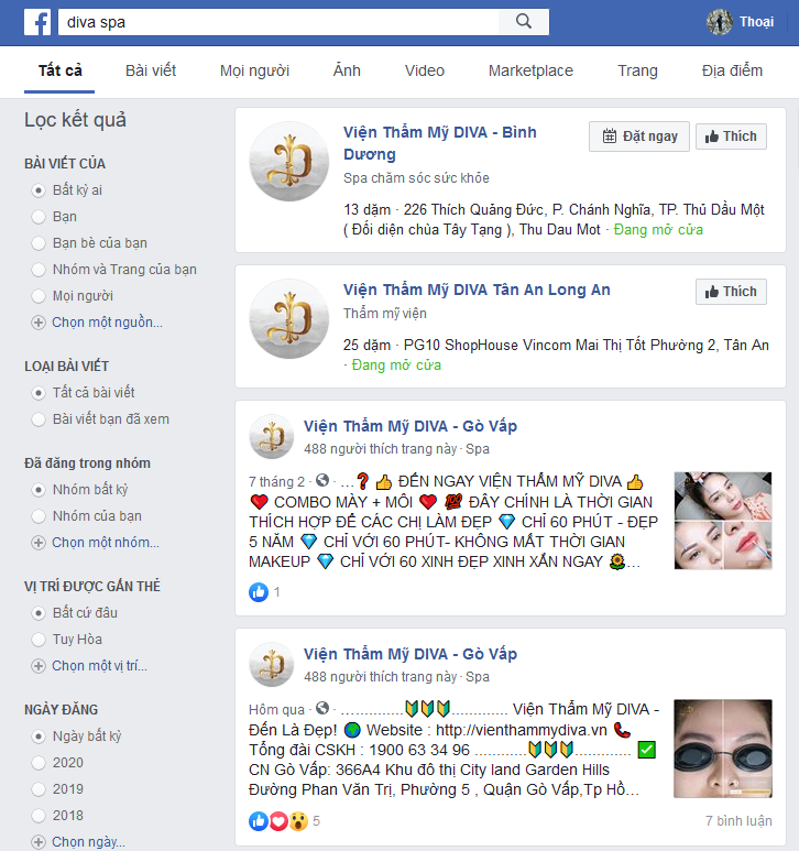 Kết quả của Facebook trả về khi người dùng tìm kiếm